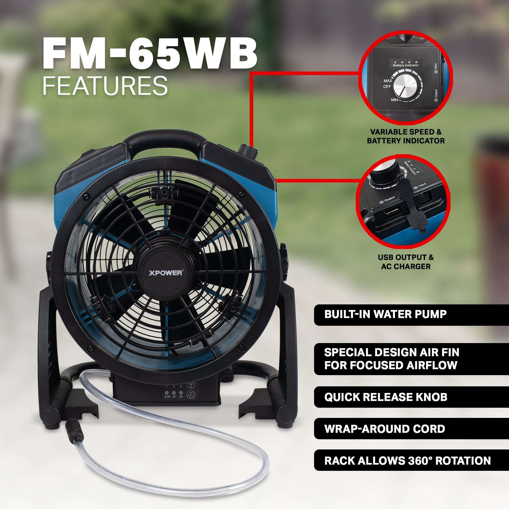 Dark Slate Gray XPOWER FM-65WB Portable Battery Operated Rechargeable Cordless Variable Speed Outdoor Cooling Misting Fan